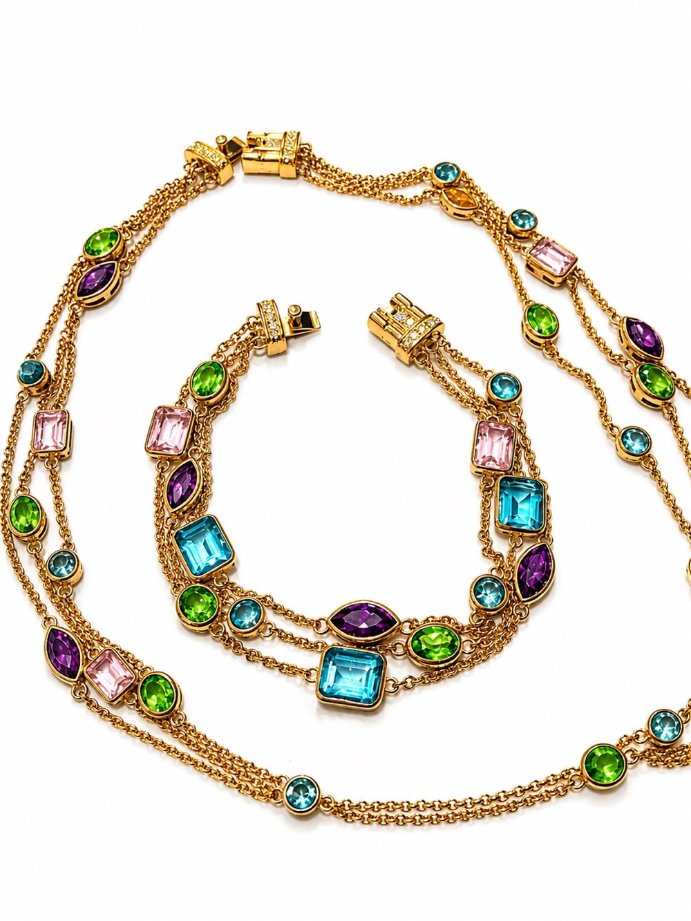 Vintage BSK Necklace Bracelet Set Pastel Crystal Gold Tone Demi Parure